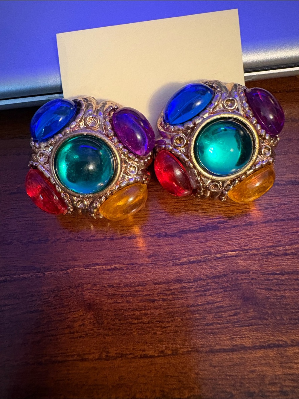 Vintage Multicolor Cabochon Dome Clip-On Earrings - Gold Tone